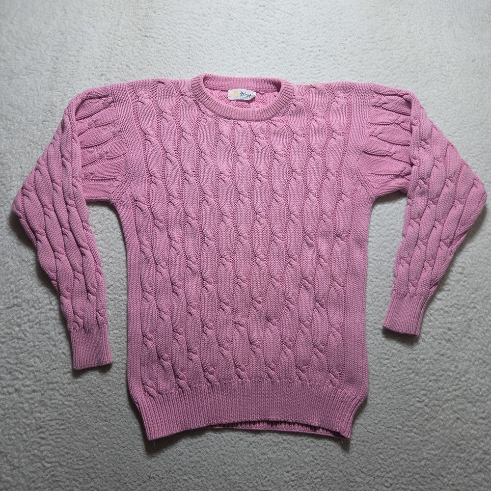 Pringle Of Scotland Sweater Womens Large Pink Cable Knit Cotton Pullover